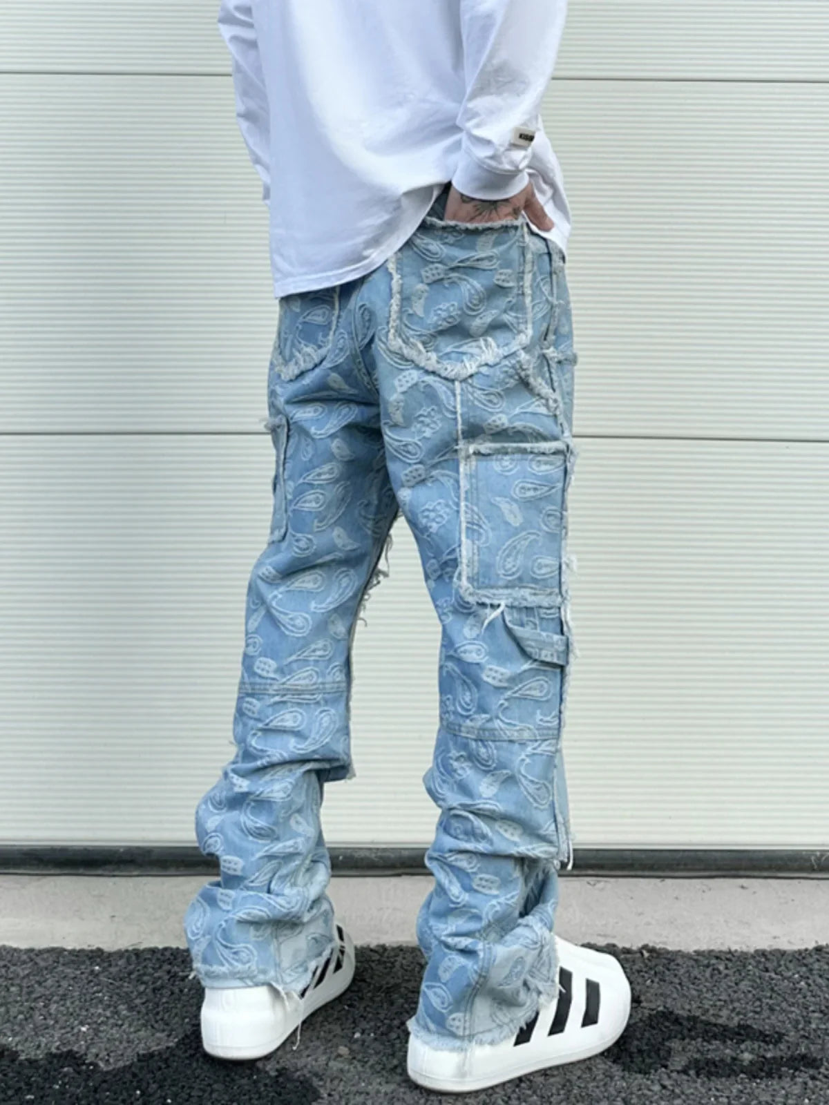 men distressed ripped patchwork paisley denim jean trouser fashion zipper biker jeans streetwear flare pants loose joggers jeans streetwear sweatpants