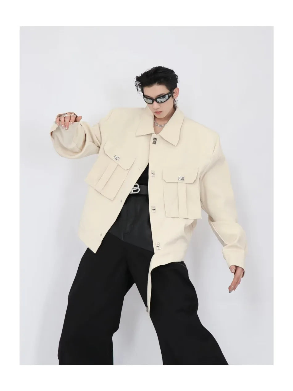 trendy high street jacket mens unisex metal button shoulder pad short coats multi pocket punk hip hop loose outwear oversized unique shorts style 3535