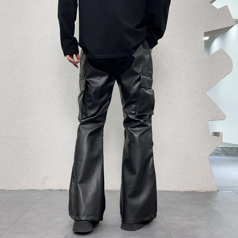 pu leather pants mens streetwear fashion hip hop vibe casual faux leather cargo flared pant men motorcycle trousers unique cargo style 2947
