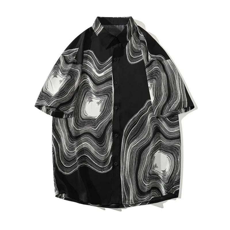 Summer Short Sleeve Shirt Men Fashion Retro Print Shirt Men Loose Black White Ice Silk Shirts Mens Hawaiian Shirt Large Size Street King Limited