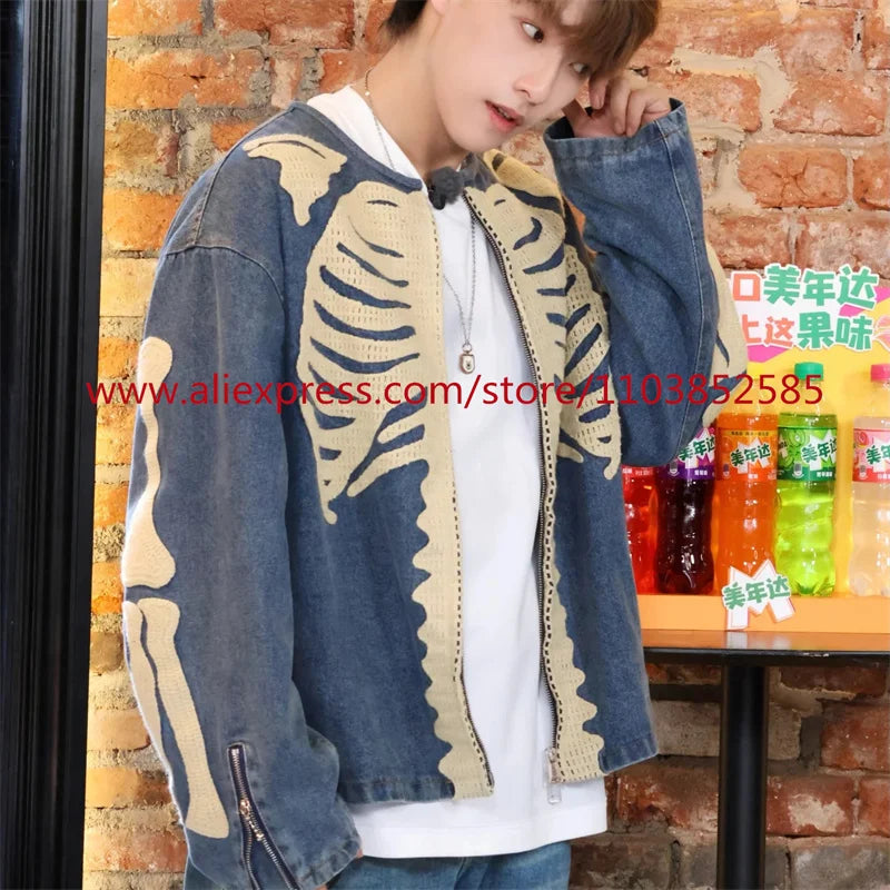 vintage mens long sleeved denim jacket high street oversized washed bone embedding tops clothing autumn winter 2024 heavyweight unique jeans style 1329