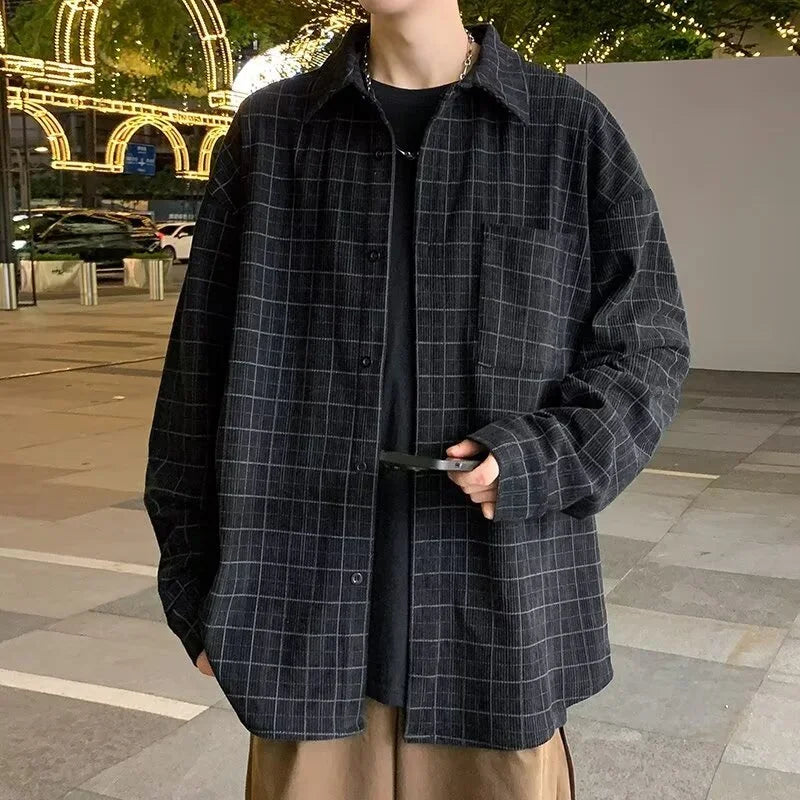 Streetwear Autumn Long Sleeve Corduroy Plaid Shirt Mens High Street Retro Casual Autumn Long Sleeve Corduroy Plaid Shirt Mens High Street Retro Casual Social Blouses Korean Fashion Loose Y2K Tee Shirts Fashion Sweater Jacket With Graphic Design For Men