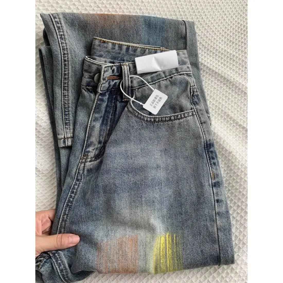 american retro personalized trend color gradient jeans for men and women new washed straight leg micro flared casual pants y2k ripped baggy denim