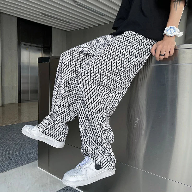 Summer Ice Silk Pants Men Oversized Retro Plaid Pants Men Japanese Streetwear Loose Wide Leg Pants Mens Pleated Trousers M-5XL Street King Limited