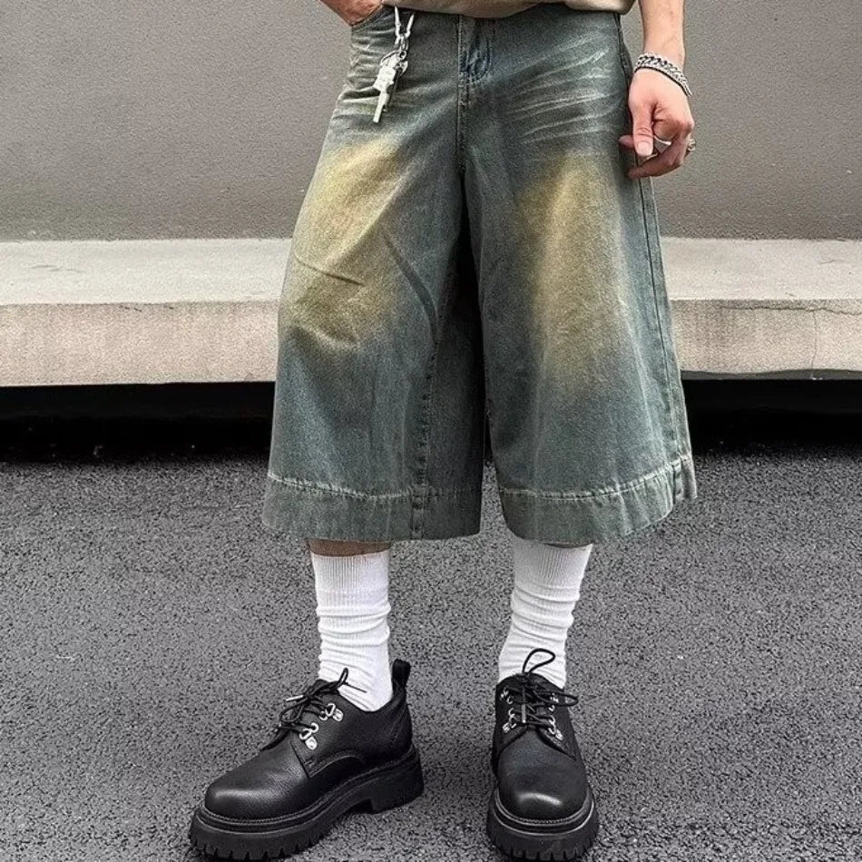 Summer Trend Denim Cropped Trousers Mens American Hip Hop Washed Wide Leg Shorts Unisex High Street Straight Cowboy Mid Pants Street King Limited