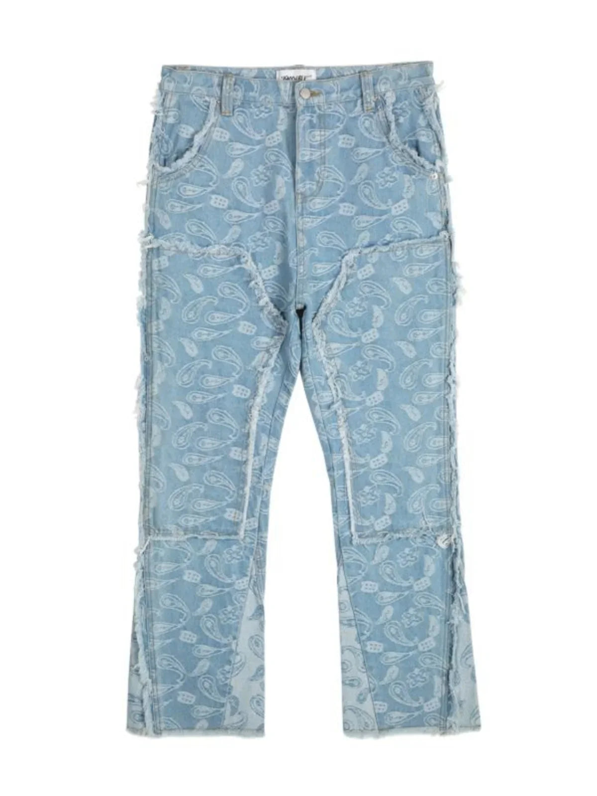 vintage high street washed light blue flared jeans cashew flower jacquard pattern rough edge jeans pants for men and women unique jeans style 907