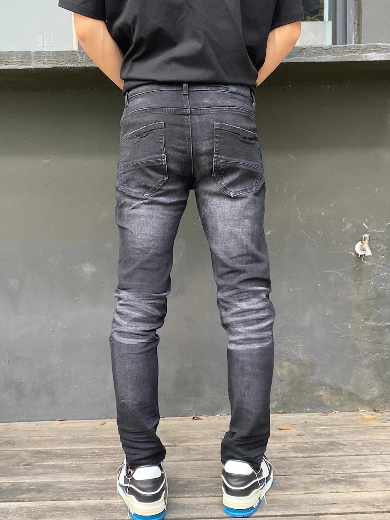 knee hole patckwork skinny denim jeans men slim biker trousers jeans fashion streetwear hip hop retro washed jean pants joggers unique joggers style 2347