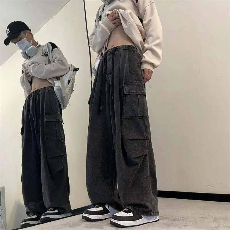 spring and autumn high street men and women trendy american washed straight leg jeans couple american loose retro casual pants vintage washed jeans