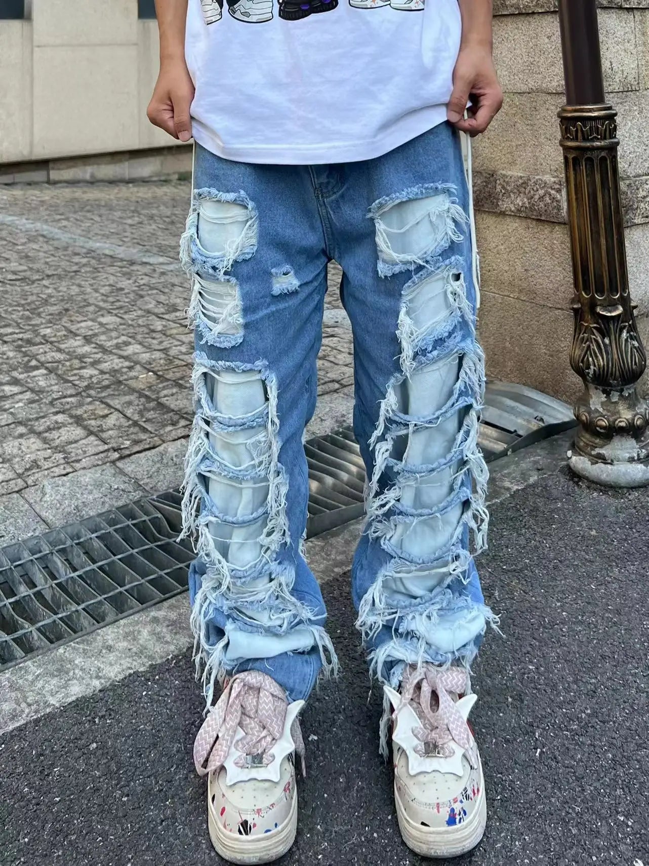 fashion destroyed ripped tassel holes denim jean pants mens casual loose straight baggy y2k jeans hip hop streetwear joggers unique joggers style 4487