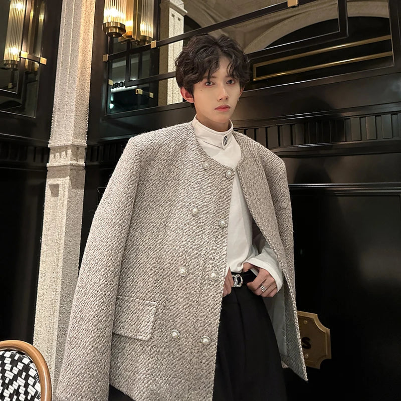 men double breasted french retro loose casual woolen short jacket man korean streetwear show fashion coat autumn outerwear unique shorts style 1331
