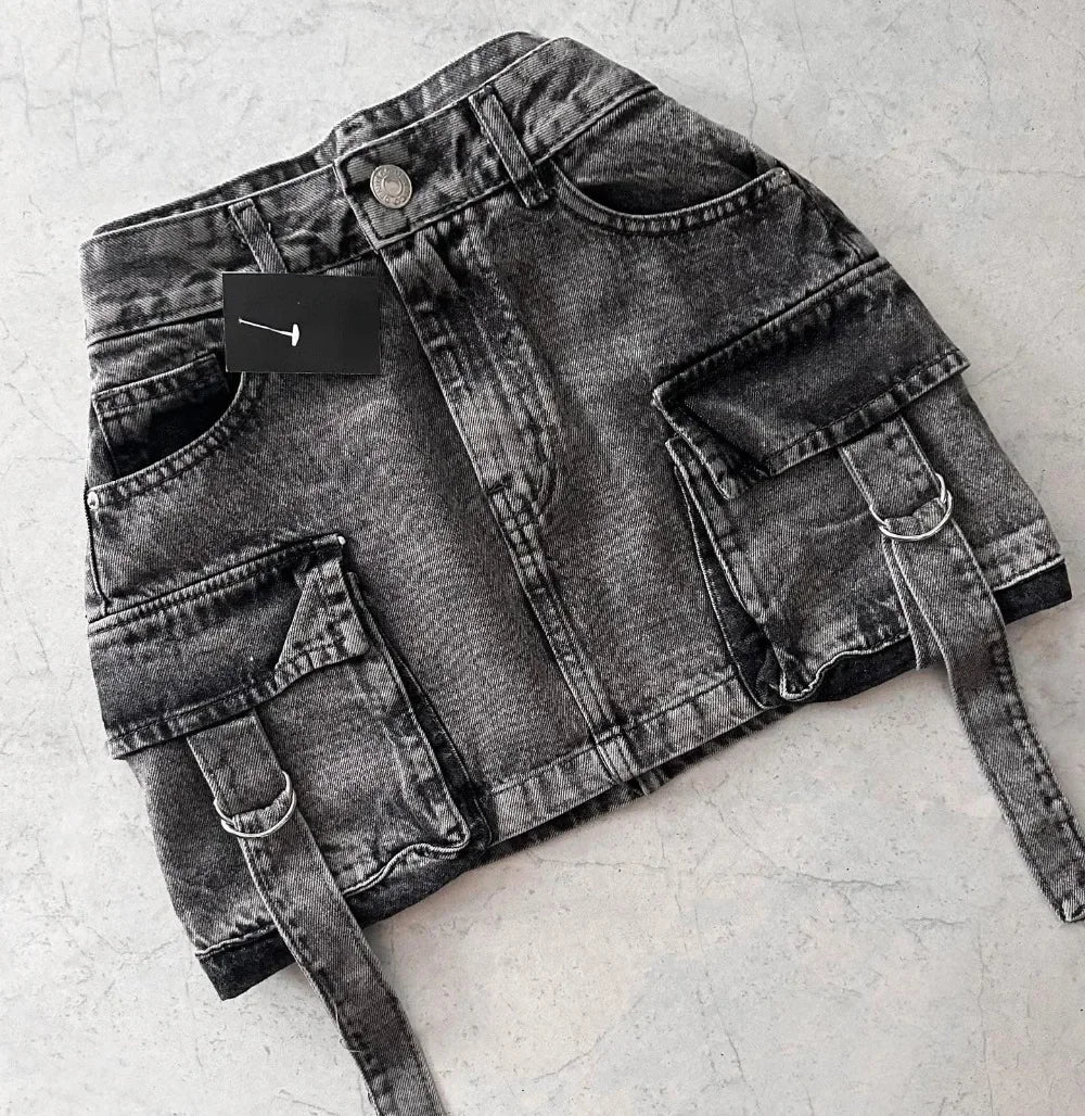 Harajuku Vintage Gothic Y2K New Fashion Skirt Women Sexy Hot Girl High Waist Slim Mini Skirt Multi Pocket Denim Skirt StreetWear Street King Limited