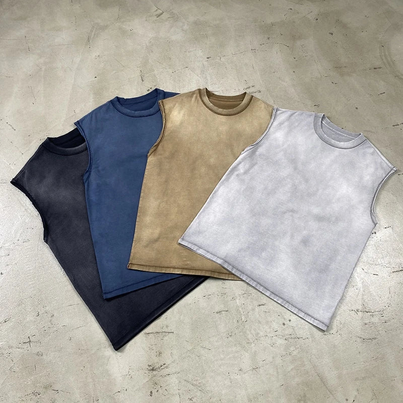 2024 Baggy Y2k Wax Dyed Vest Distressed Washed Tank Top Men's American Oversized Streetwear Trendy Retro Sleeves T Shirts Street King Limited