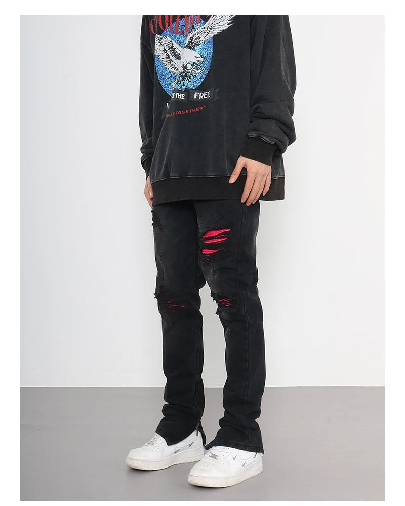 knee ripped patchwork jeans for men hip hop skinny biker taped jean trouser slim fit black denim pants fashion streetwear jogger unique joggers style 2005