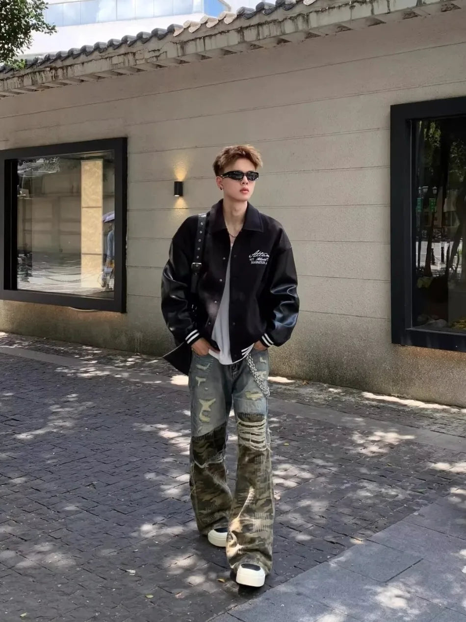 Trendy Camo Cowboy Cargo Pants Mens Spring Autumn Elasticity Fashion Harajuku Patchwork Straight Jeans New Washed Denim Trousers Street King Limited