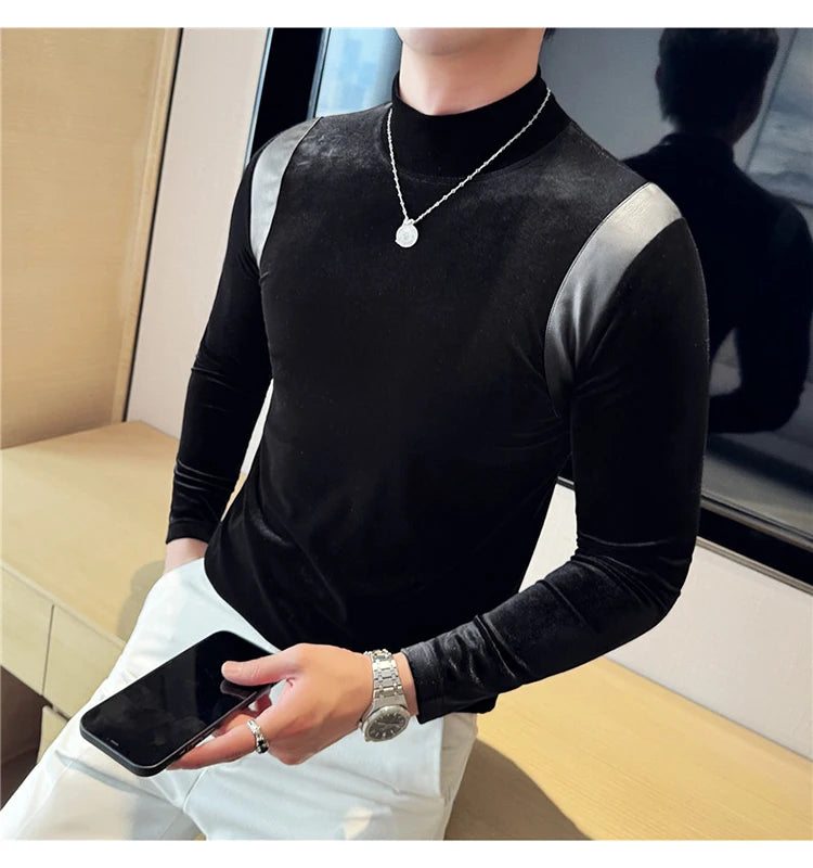 Turtleneck Stretch Slim-fit T-shirt Men Long Sleeve Thicken Elastic Velvet Retro Fashion Casual Tshirt Handsome Man T Shirts Street King Limited