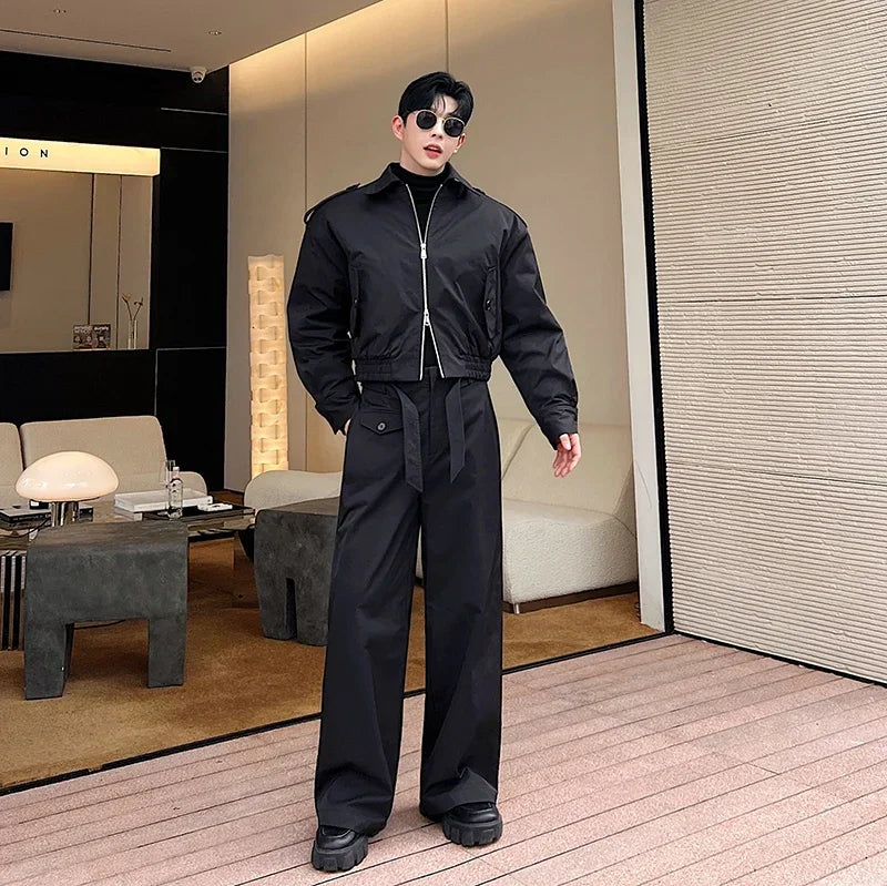 men 2 pieces sets quilted short cargo jacket pant autumn winter korean streetwear casual thicken bomber coat trousers suits military streetwear pants