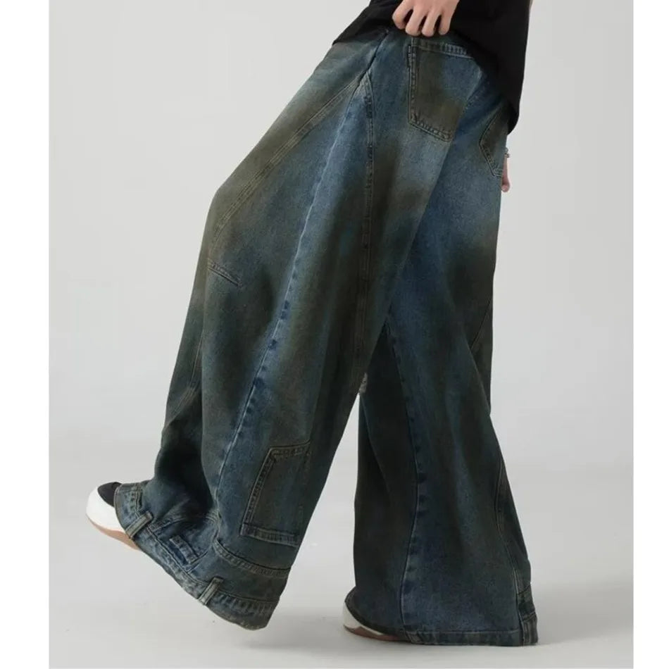 Summer High Street Hip Hop Jeans Mens Halo Dye Hole Washed Straight Denim Pants Loose Silhouette Retro Micro Flared Trousers Street King Limited