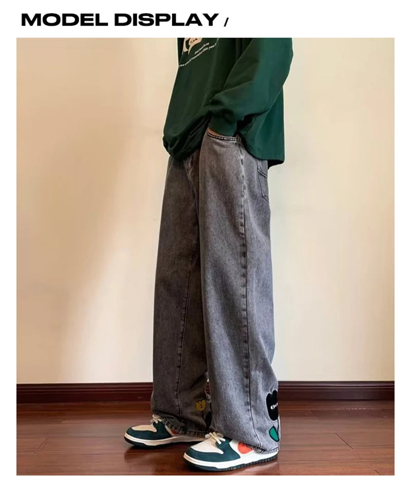 new mens y2k flower printed baggy jeans 2025 streetwear american casual denim wide leg pants hombre vintage straight trousers unique jeans style 666