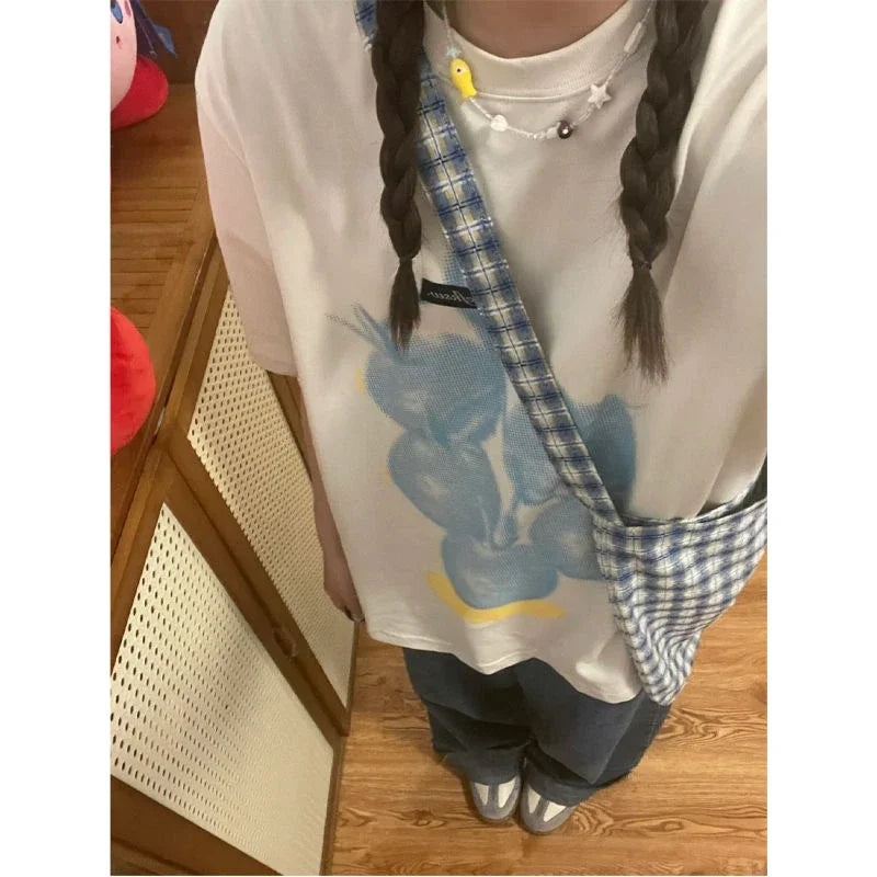 Summer Korean Street Printed Short-sleeved T Shirt Fashionable Women Retro Hip-hop Y2K Personality Harajuku Loose Design Top Ins Street King Limited