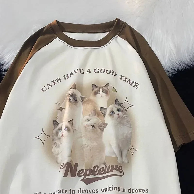 Cotton Cute Cat Graphic T shirt Summer Fashion Loose Women Vintage Personality Fresh art kawaii clothes Short Sleeve Tops Street King Limited