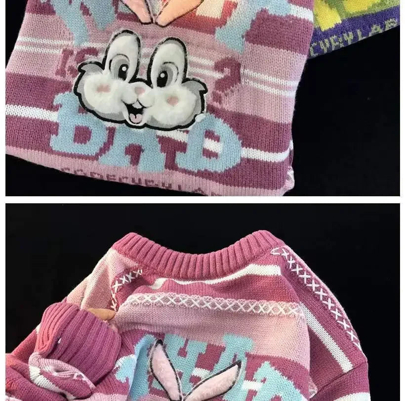 Sweet cool bunny striped knitted sweater for women in autumn and winter loose outer wear lazy style soft and waxy milk kawaii Street King Limited