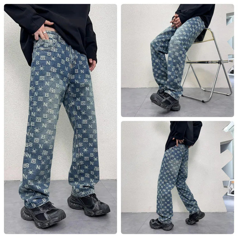 men jacquard streetwear hip hop vibe casual straight denim jeans pants boyfriend high street ripped jeans trousers stacked flare jeans