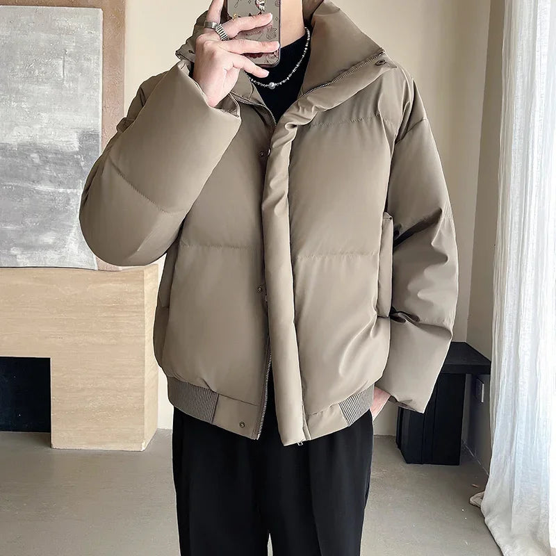 Winter Stand Collar Thicken Leather Short Jacket Men Fashion Loose Casual Warm Cotton-padded PU Leather Bomber Jacket Parka Coat Street King Limited