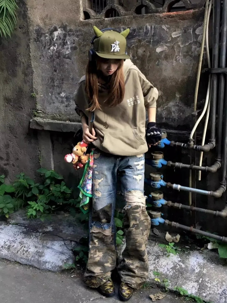 Trendy Camo Cowboy Cargo Pants Mens Spring Autumn Elasticity Fashion Harajuku Patchwork Straight Jeans New Washed Denim Trousers Street King Limited