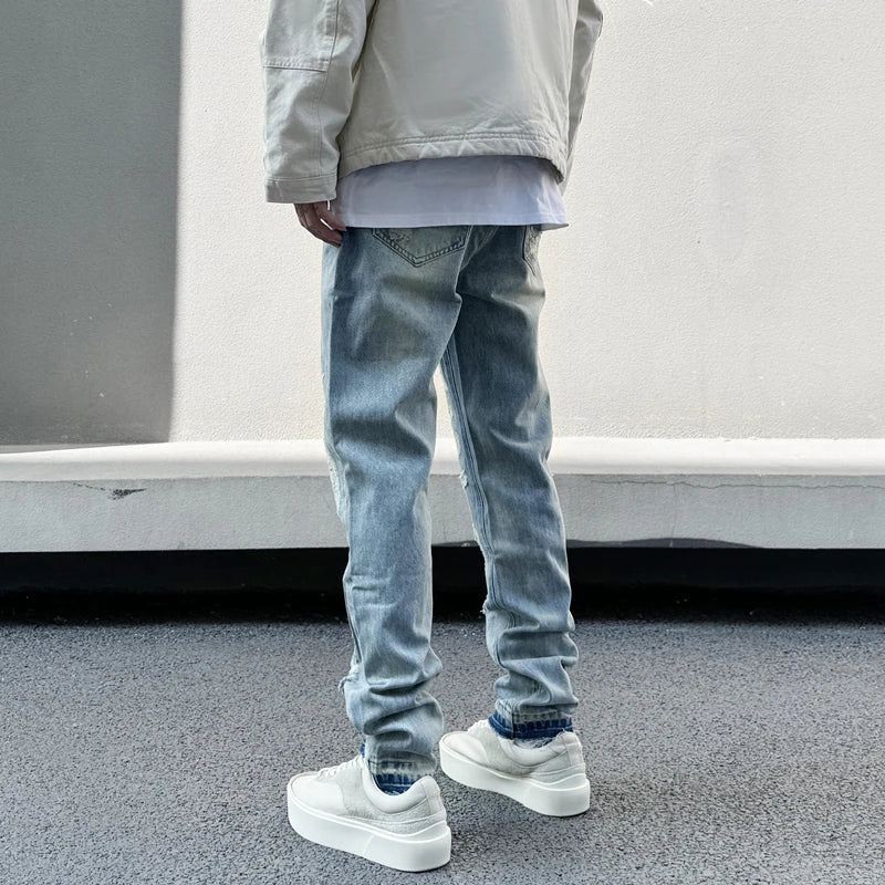 mens high street denim jean pants new casual blue slim ripped holes straight zipper jeans trousers hip hop streetwear joggers unique joggers style 5236