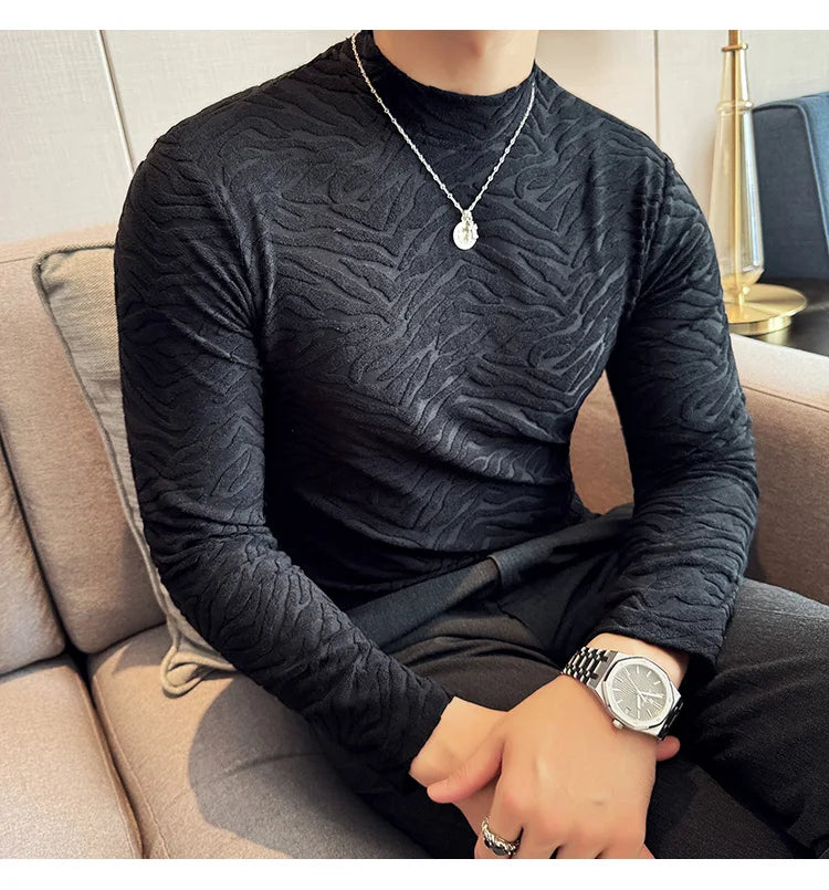 Semi-turtleneck Stretch Slim Fit T Shirt Men Long Sleeve Thicken Velvet Tiger-pattern Bottom T-shirt Business Casual Tshirt Street King Limited