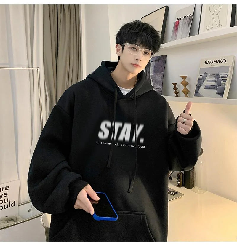New in Letter STAY Print Sweatshirts Men Casual Vintage Fleece Pullovers Hoodies Autumn Y2K Streetwear Baggy Hoody Clothes Street King Limited