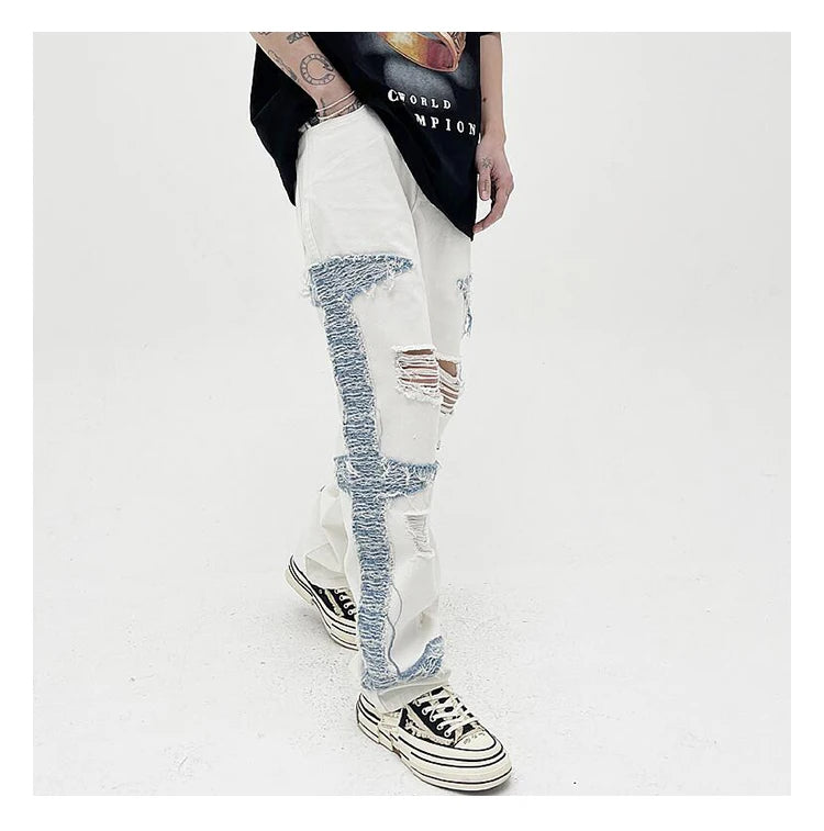 mens high street denim jean pants casual loose destroyed ripped holes straight jeans side patchwork hip hop streetwear joggers unique joggers style 1737