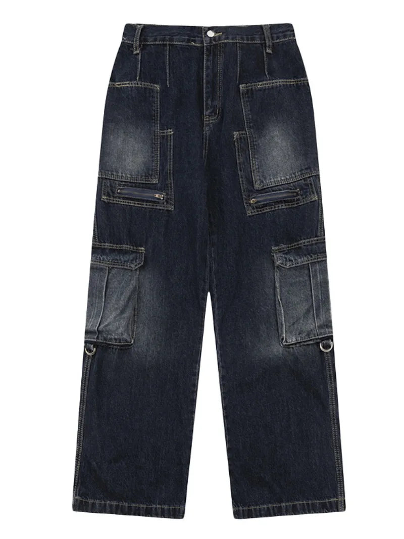 fashion punk rings streetwear loose pants unisex casual multiple pockets wide legs jean pants hip hop joggers men baggy jeans unique joggers style 486