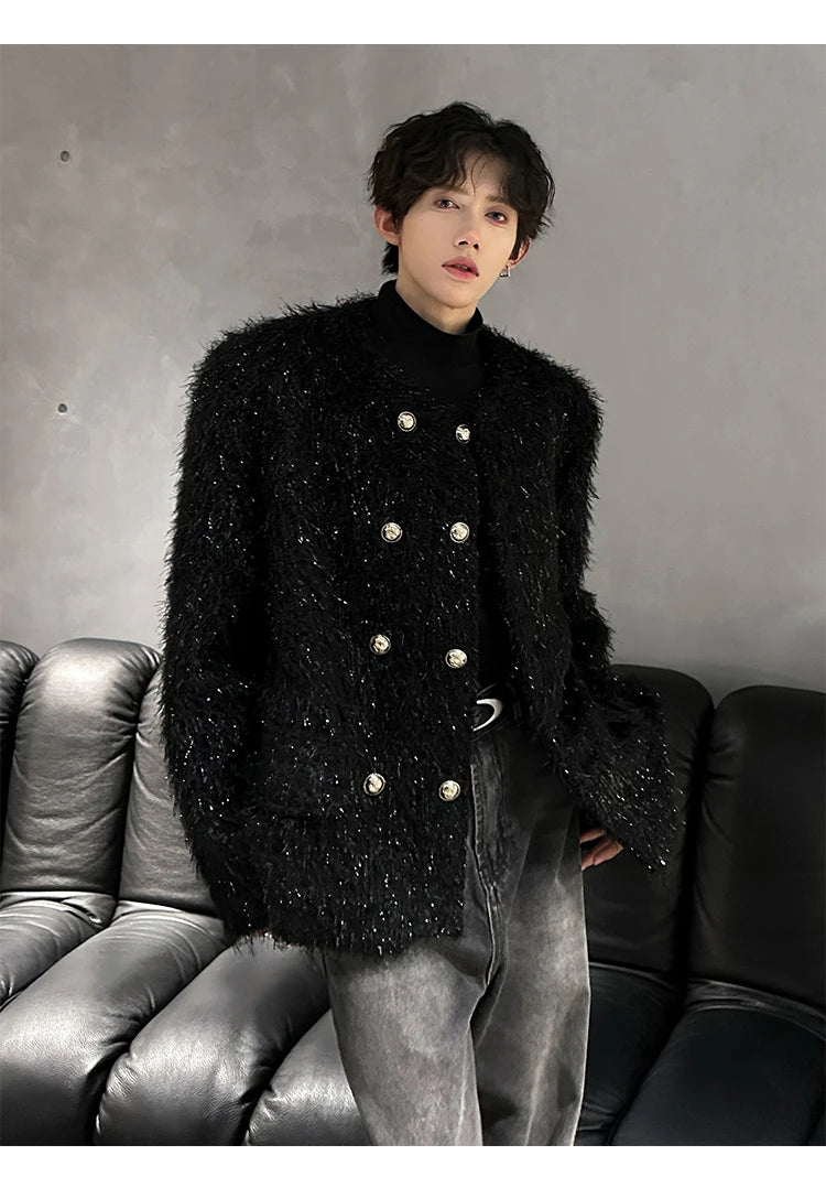 men double breasted french streetwear retro fashion loose casual tassels woolen short jacket man korean coat outerwear unique shorts style 1293
