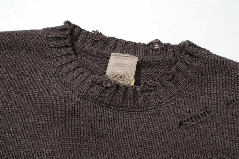 Undermycar 2023 New High Street Fashion Brand Worn Out Hole Large Loose Round Neck Sweater Brown Street King Limited