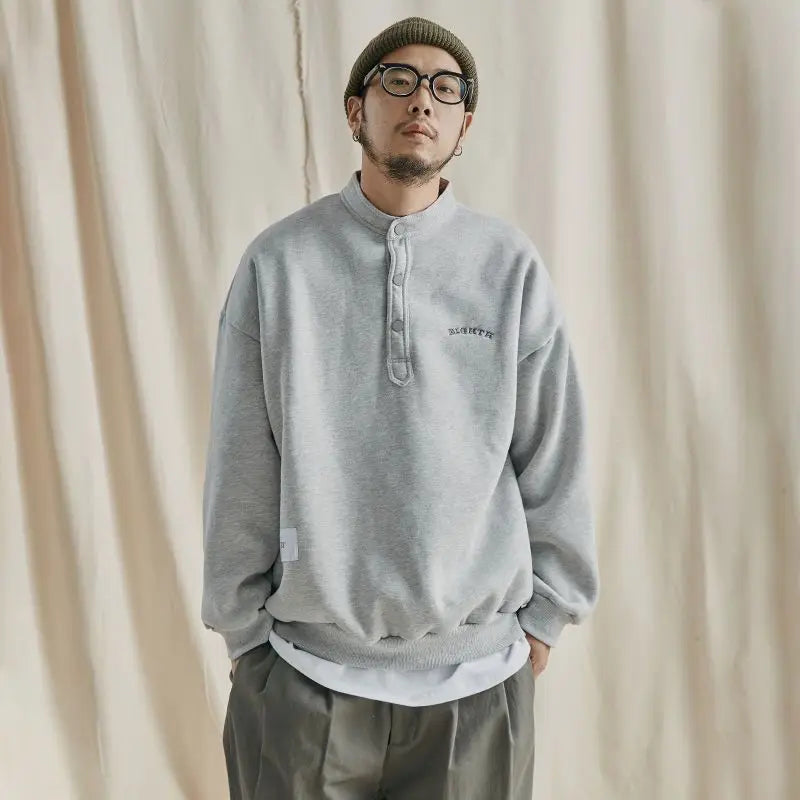 Trendy brand sweatshirt men's Japanese style loose stand collar hoodless pullover long sleeve versatile autumn and winter style Street King Limited