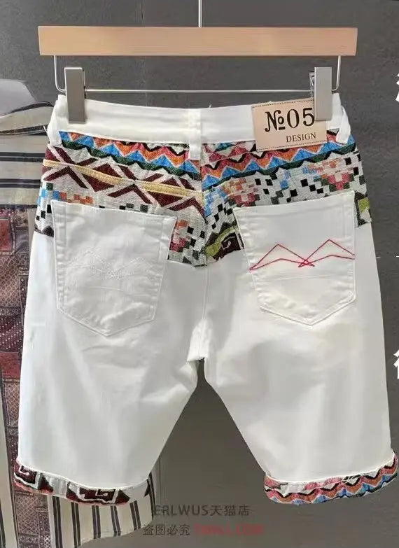 Summer New Denim Shorts Men's Stitching Embroidery Ripped Knee-length Shorts White 2024 Korean Fashion High Quality Jeans Street King Limited