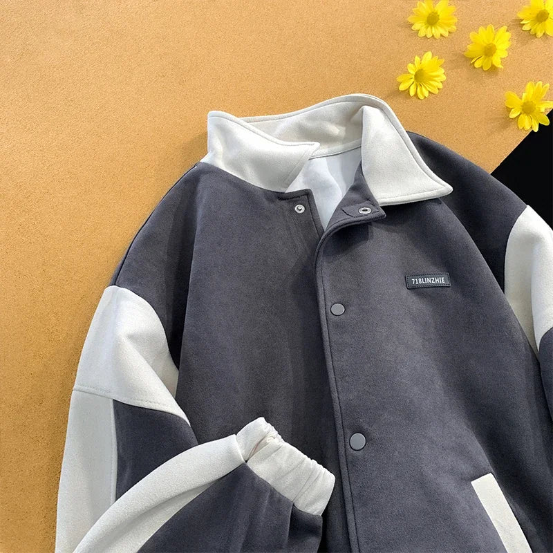 suede baseball jacket 2024 spring men uniform bomber jackets korean streetwear patchwork embroidery label coat relaxed fit trousers