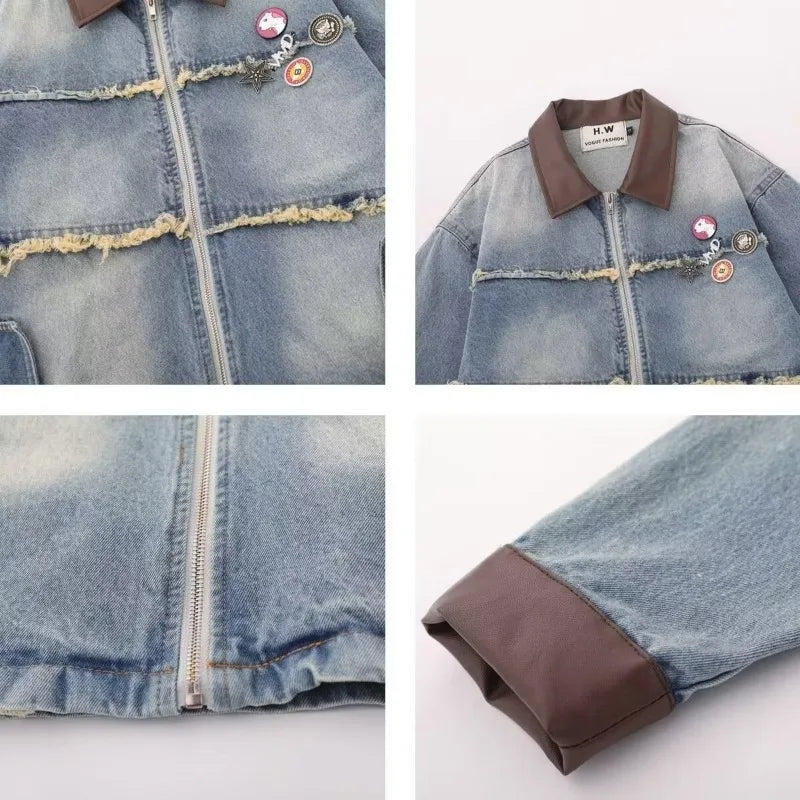 burr edge vintage mens denim jacket spring american patchwork lapel washed cowboy coats loose harajuku couple outwear new unique jeans style 2219