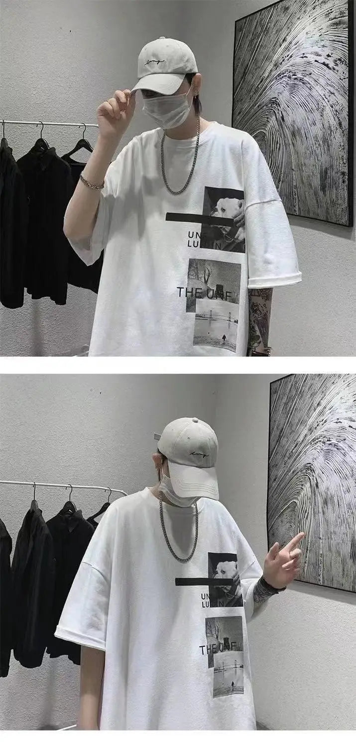 T-shirt men's 2024 summer new Korean style short-sleeved fat man versatile top student trendy T-shirt men clothing y2k tops emo Street King Limited