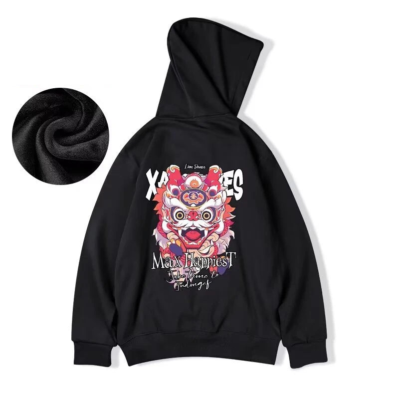 New Lion Dance Graphic Hoodies For Men Y2K Streetwear Fleece Hooded Sweatshirts Hip Hop Fashion Oversized Pullover Hoody Clothes Street King Limited