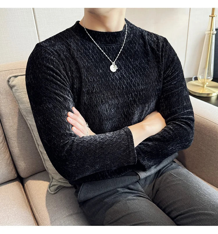 Autumn Winter Semi-turtleneck Stretch Slim Fit Long Sleeve Tshirt Men Thicken Velvet Jacquard Casual T-shirt Bottom T Shirt Street King Limited