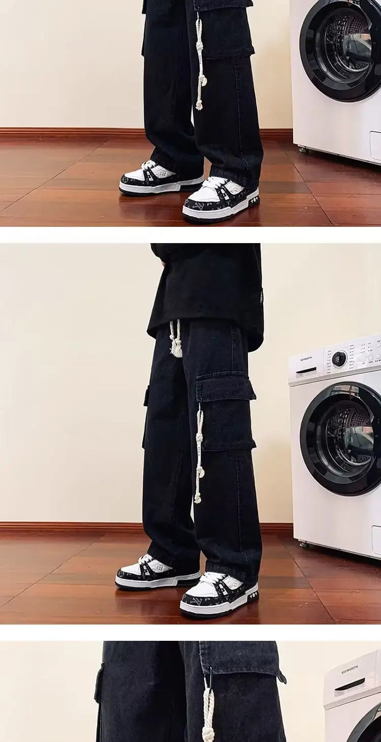 american retro and personalized straight leg jeans for men and women with hiphop big pocket design work pants loose casual pants unique jeans style 764