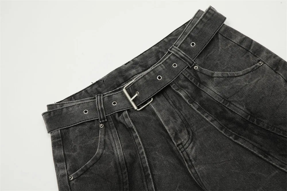 american high street vibe fashion splice jeans mens belt loose casual vintage wide leg straight denim baggy jeans pants trouser unique jeans style 1372