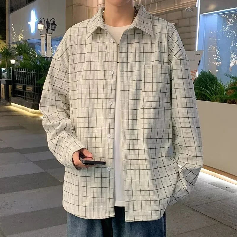 Streetwear Autumn Long Sleeve Corduroy Plaid Shirt Mens High Street Retro Casual Autumn Long Sleeve Corduroy Plaid Shirt Mens High Street Retro Casual Social Blouses Korean Fashion Loose Y2K Tee Shirts Fashion Sweater Jacket With Graphic Design For Men