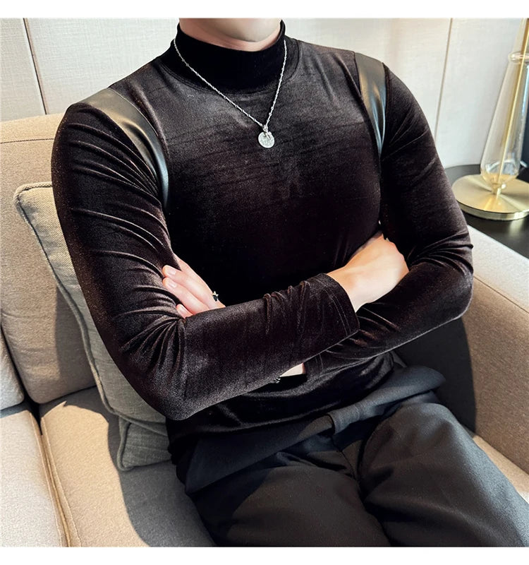 Turtleneck Stretch Slim-fit T-shirt Men Long Sleeve Thicken Elastic Velvet Retro Fashion Casual Tshirt Handsome Man T Shirts Street King Limited