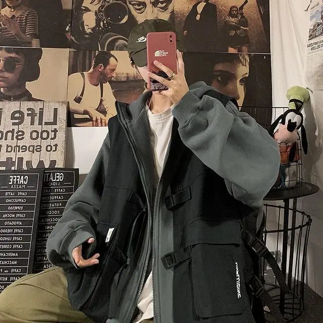 Fake two-piece coat men's ins, trendy Japanese functional workwear hooded jacket, autumn European and American retro trend tops Street King Limited