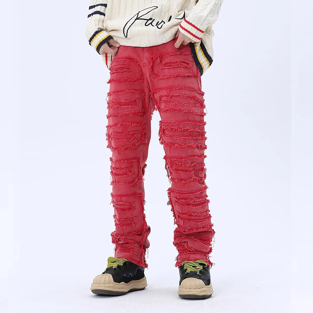 tassel hole spliced european and american straight leg denim pants new popular patch jeans mens wear unique jeans style 309