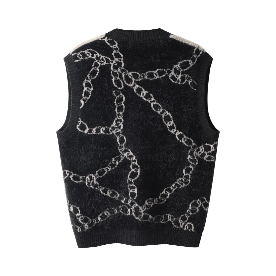 High Street Harajuku Imitation Mink Hair Knitted Vest Chain Color Block V-neck Pullover Sweater Vest Oversized Knitwear Trendy Street King Limited