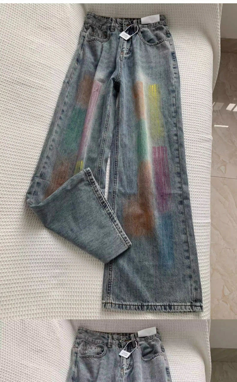 american retro personalized trend color gradient jeans for men and women new washed straight leg micro flared casual pants y2k unique jeans style 641